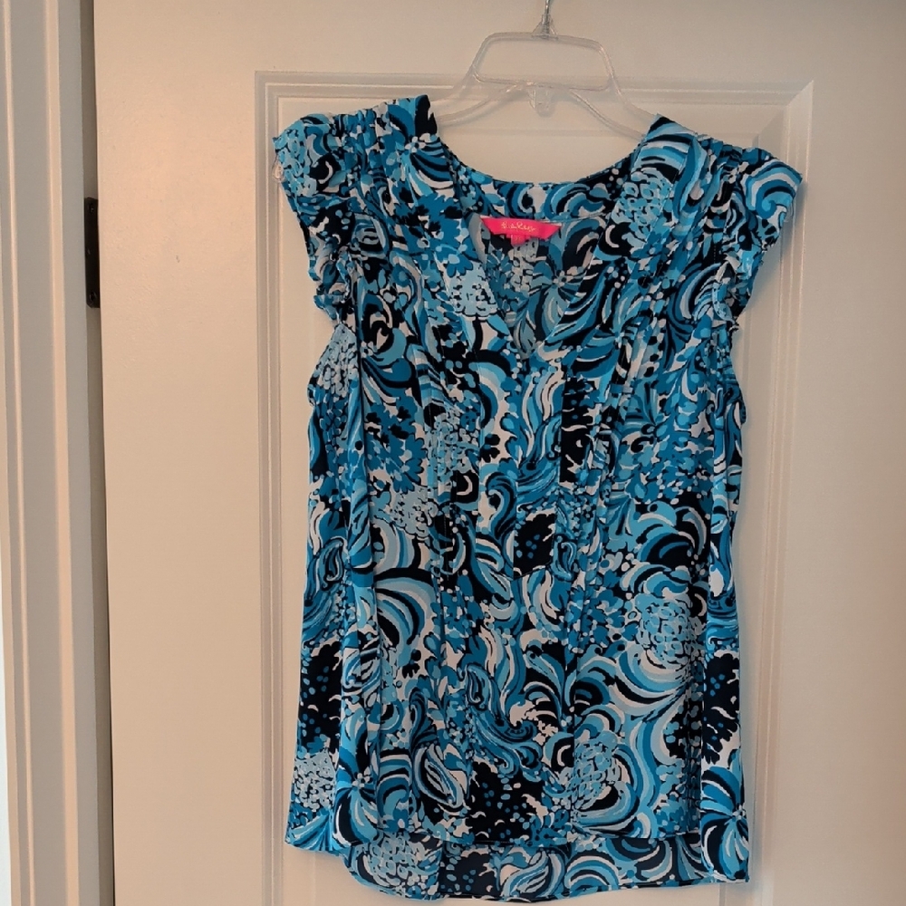 Lilly Pulitzer Blue Swirl Cap-Sleeve Top